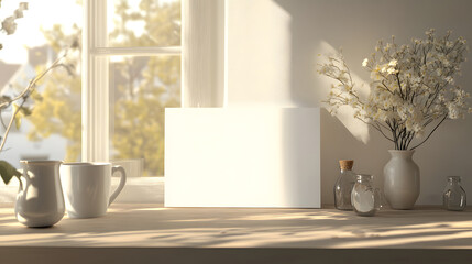 A vertical, blank white postcard sits on the table in front of an open window
