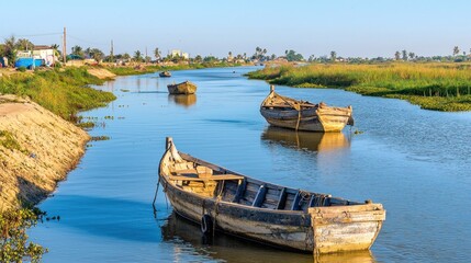 Obraz premium Fishing Boats on Canal, Coastal Village, Calm Morning