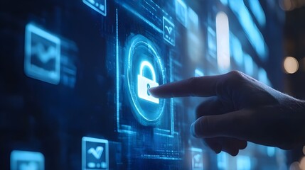 A hand is touching a digital screen with a glowing lock icon, symbolizing cybersecurity or data protection.