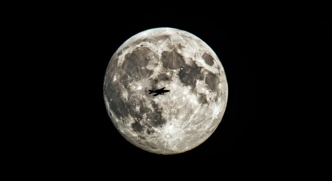 Full moon with airplane silhouette against night sky