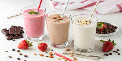  Delicious trio of milkshakes in pink, chocolate, and vanilla, served in glasses with fresh berries, nuts, and chocolate sprinkles on a white table