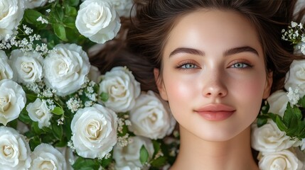 Obraz premium Portrait of a girl surrounded by white roses with a serene expression captured in a floral setting