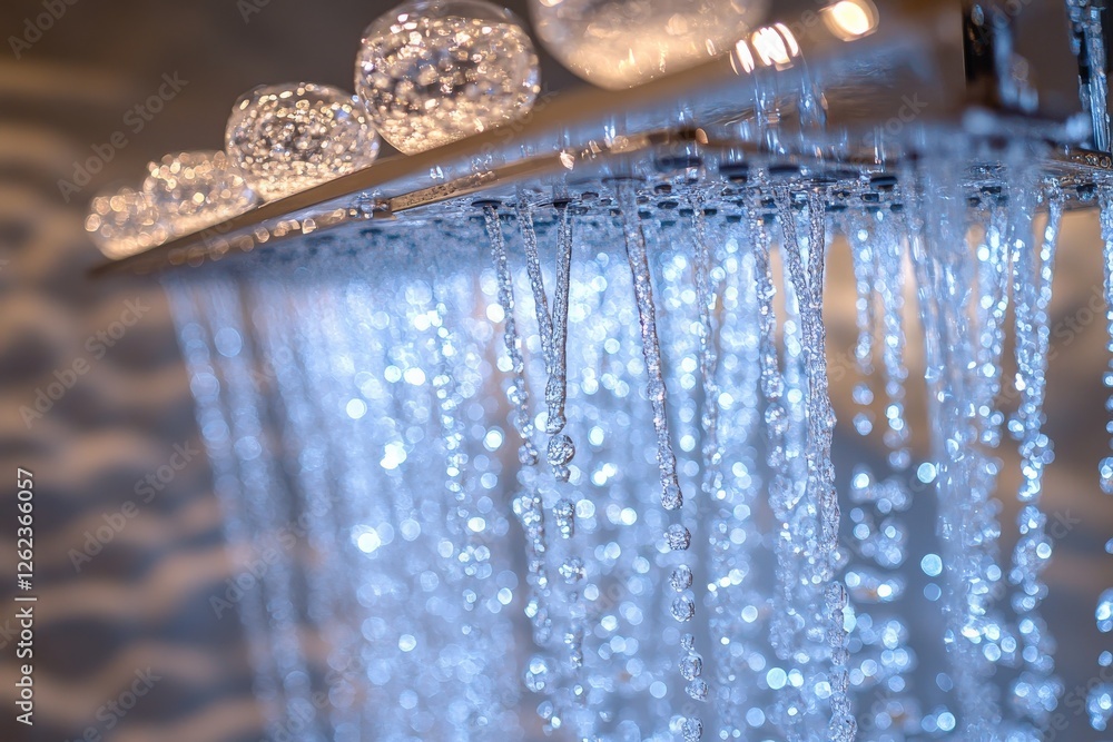 Poster water streams cascading from a modern shower head in a stylish bathroom setting creating a refreshin