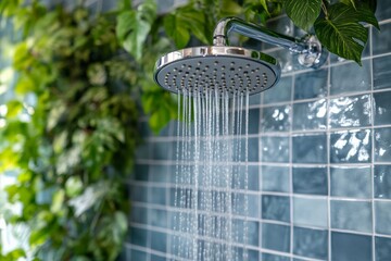 Modern shower head with water cascading down in a lush green environment featuring tiled walls