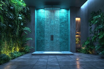 Naklejka premium Modern indoor shower with lush greenery and ambient lighting in a tranquil setting