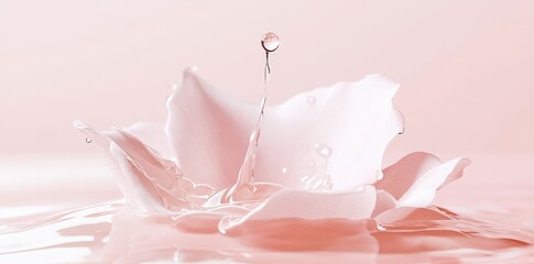 Delicate water droplet falling onto pale pink flower petals