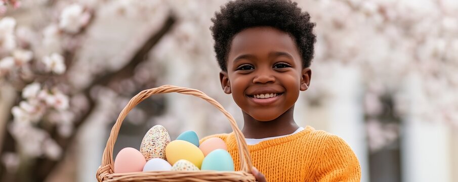 A cheerful young African American boy stands proudly holding a basket filled with vibrant Easter eggs