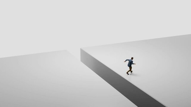 Businessman jumping over a gap between two white platforms, isolated on white background.