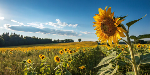 Golden sunflower standing tall in a vast field under a bright blue sky, symbolizing warmth, happiness, and natural beauty.
