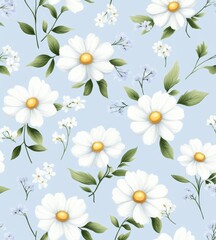 A vibrant floral pattern featuring white daisies and delicate greenery on a soft blue background.