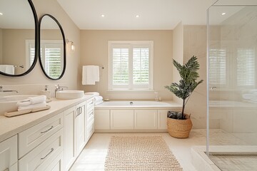 Fototapeta premium Elegant modern bathroom design with a serene atmosphere and ample natural light