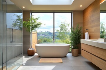 Fototapeta premium Elegant bathroom with modern design and scenic view of nature in bright surroundings