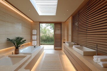 Fototapeta premium Modern bathroom design with natural light and wooden accents featuring a soaking tub and elegant fixtures
