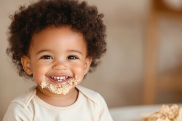 Adorable Toddler Smiling with Food on Face   Joyful Childhood Moments in Natural Light
