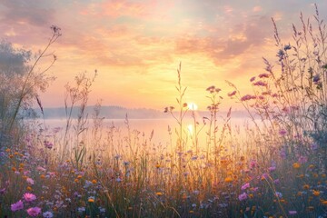Sunrise over misty lake, wildflowers, tranquil scene
