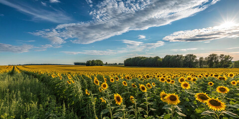  Golden sunflower field bathed in warm sunlight, with a backdrop of a deep blue sky and rolling green hills, symbolizing summer&rsquo;s beauty.