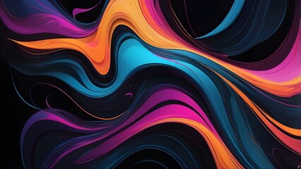 Fototapeta premium Fluid wavy lines in vibrant neon colors on black background. Abstract digital art with dynamic twist and flow. Pulsating lights music festival high tech party theme.