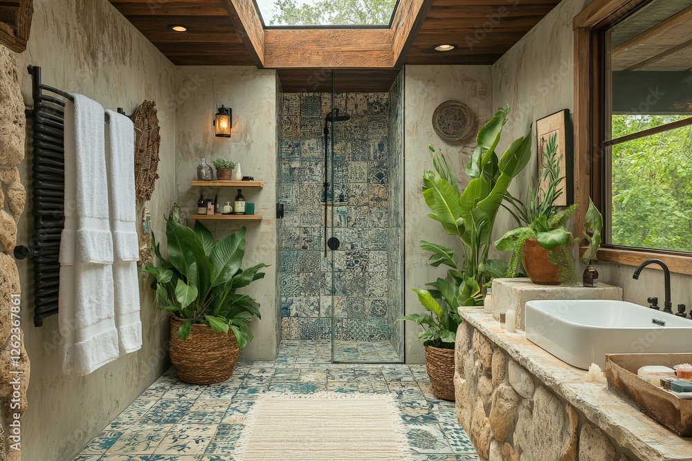 Aufkleber luxurious bathroom design featuring natural elements and elegant tiles in a serene setting with plan