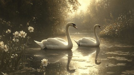 Swans swimming serene river dawn nature sunrise peace