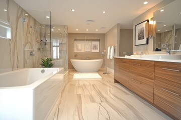 Fototapeta premium Elegant modern bathroom featuring a sleek bathtub and spacious vanity in a serene, light-filled environment