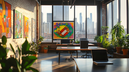 Fototapeta premium A photo of an open office space with large windows, desks and chairs lined up along the walls 