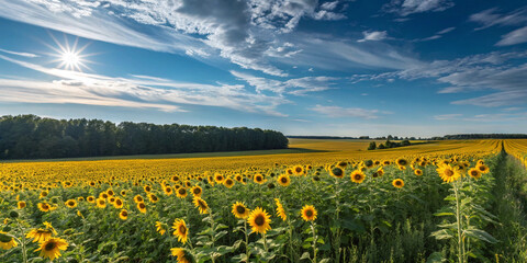  Endless field of bright yellow sunflowers basking in the sunlight under a stunning sky, creating a mesmerizing floral landscape