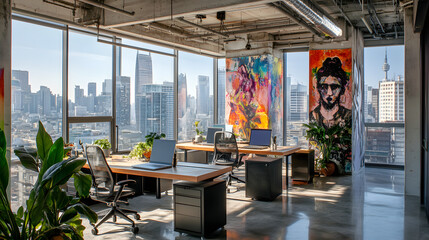 A photo of an open office space with large windows, desks and chairs lined up along the walls
