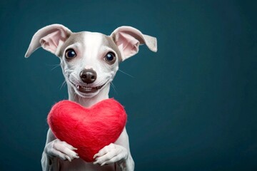 Marketing conceptual art. Whippet - my treasured dog. Cute whippet pup with fluffy red heart - emblem of love, funny greeting card. Dog and heartwarming moments. Valentine's day. Red heart.