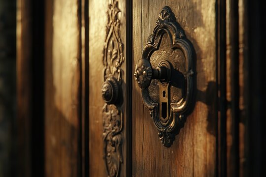 traditional wooden door handle with an antique keyhole, the soft, golden light of morning highlighting the fine details and the character of the aged metal and wood - Powered by Adobe