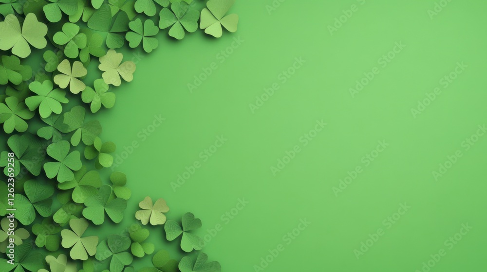 Poster a vibrant green background adorned with clusters of clover leaves, creating a fresh and lively atmos