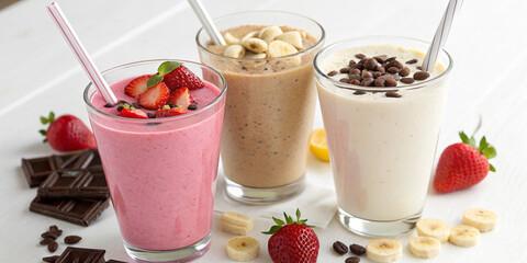 Fruity and chocolate-infused milkshakes in elegant glasses, garnished with nuts, chocolate chips, and fresh strawberries for a rich, creamy taste.