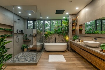 Fototapeta premium Modern bathroom design with natural elements, large windows, and elegant fixtures for a serene atmosphere