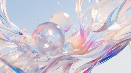 Obraz premium Transparent spheres & swirling ribbons on light backdrop. Abstract use
