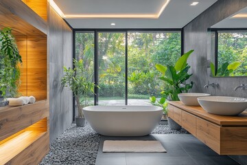 Fototapeta premium Modern bathroom with large freestanding bathtub and natural light in a serene garden setting