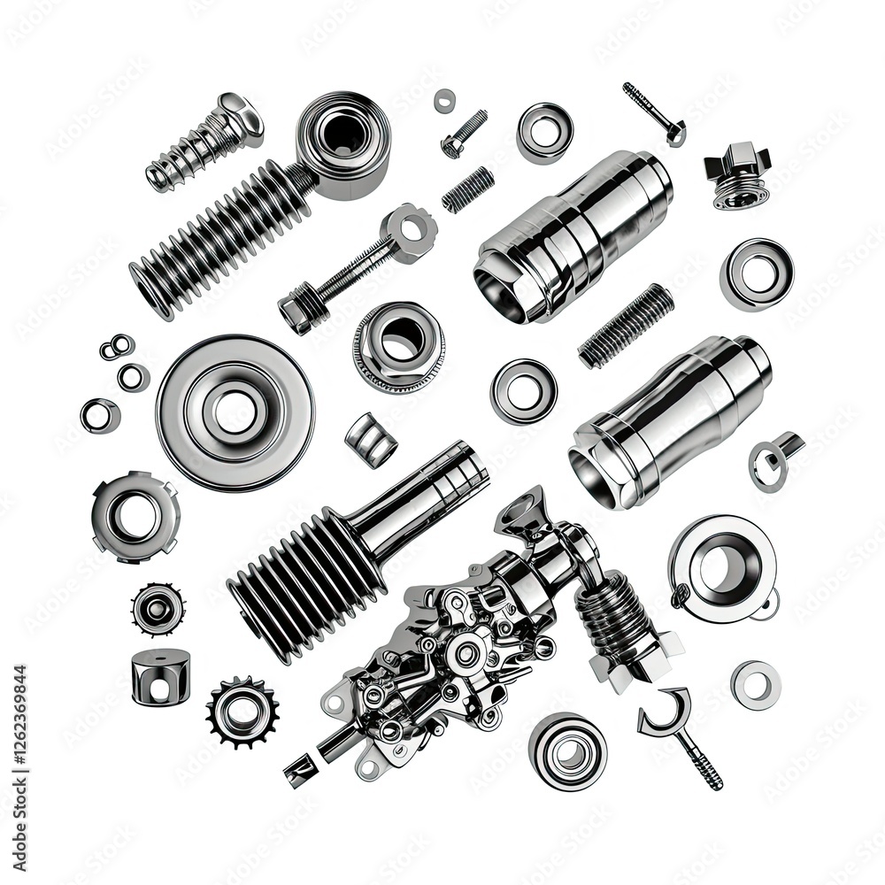 Aufkleber a collection of shiny metal mechanical parts arranged in a circular pattern. isolated on white backg