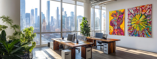 A photo of an open office space with large windows, desks and chairs lined up along the walls
