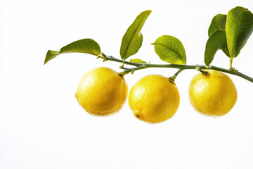 Three vibrant yellow lemons hanging from a lush green branch against a plain white background, showcasing freshness and simplicity.