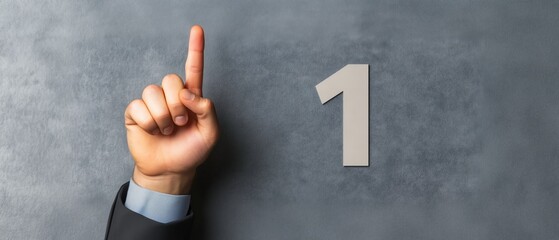 Number One: A hand in a business suit points to a large number one, signifying the concept of being first, a leader, or top priority.  The image is minimalist and impactful.