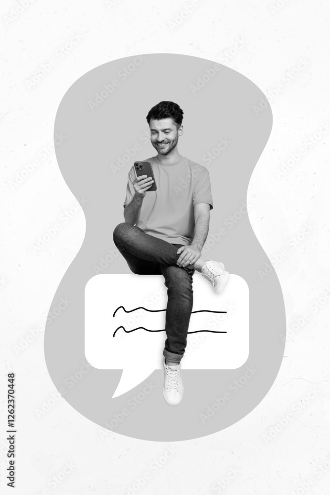 Poster magazine template collage of young guy smm using smart gadget chatting sit speech bubble on image ba