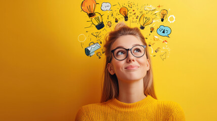 Creative woman with lightbulbs and ideas above her head