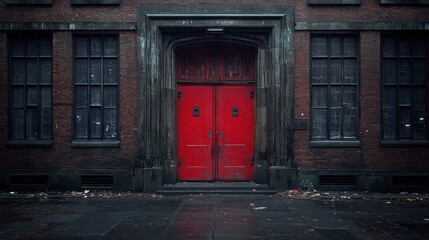 Red Door Entrance to Old Brick Building in Urban Alleyway