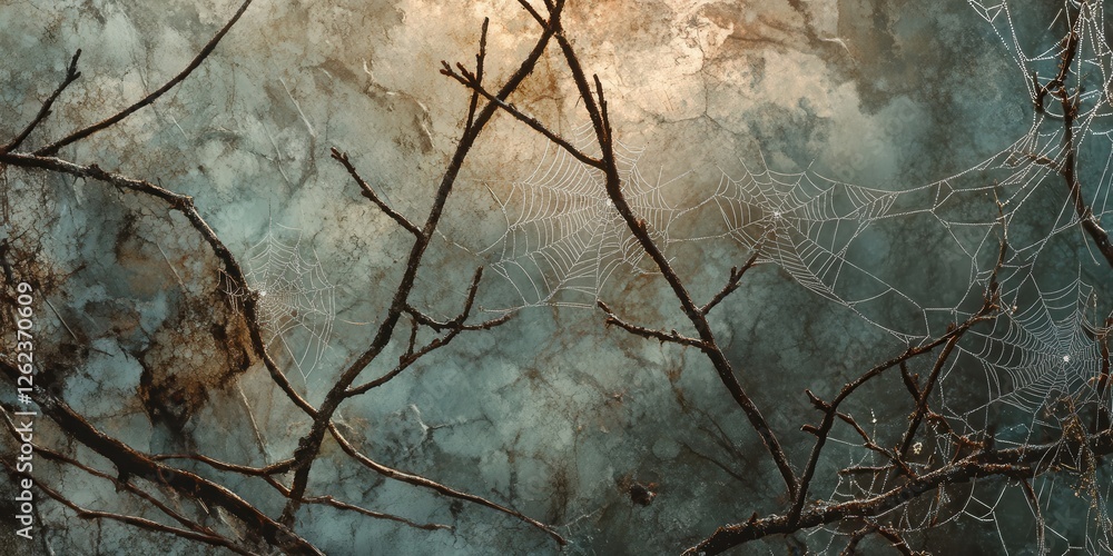 Poster bare branches with intricate spider webs catching the light, set against a backdrop of a forest with
