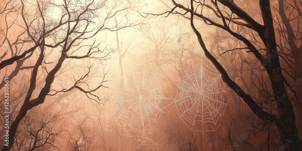 Poster bare branches with intricate spider webs catching the light, set against a backdrop of a forest with