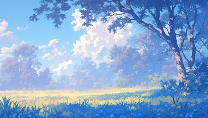 Trees, grass, sky, sun. Field, trees, clouds, background. For illustration
