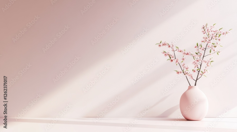 Poster a minimalistic vase with delicate branches, set against a soft pastel background, creating a serene 