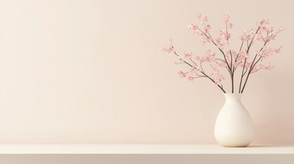A minimalist arrangement featuring delicate pink branches in a simple white vase against a soft, pale background.