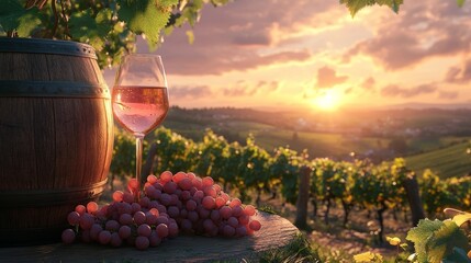 Beautiful vineyard at sunset with a glass of rose wine and fresh grapes on a wooden barrel