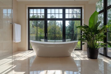 Fototapeta premium Modern bathroom design featuring a freestanding tub with large windows overlooking a serene outdoor landscape