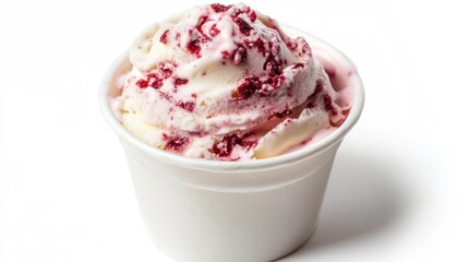 Creamy red velvet cake ice cream served in a white cup on a plain background
