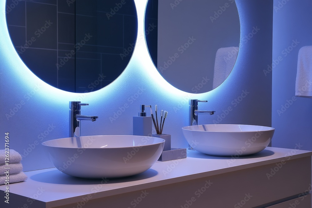 Poster Modern bathroom design with circular mirrors and stylish lighting in a serene setting